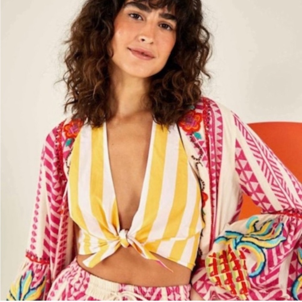 FARM Rio Yellow and Pink Striped Tie-Front Crop Top